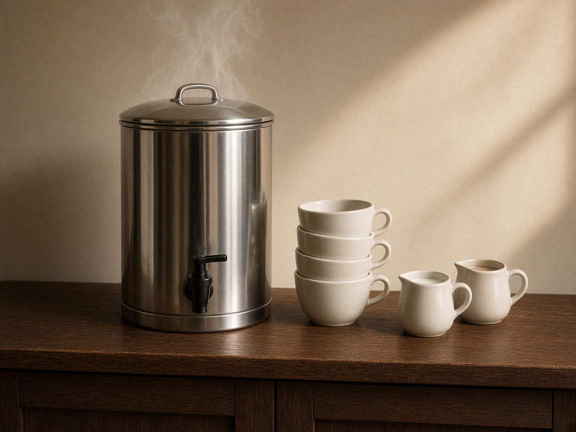 A plain stainless-steel coffee urn with steam, a stack of cream ceramic cups, and two small jugs on a dark wood sideboard.