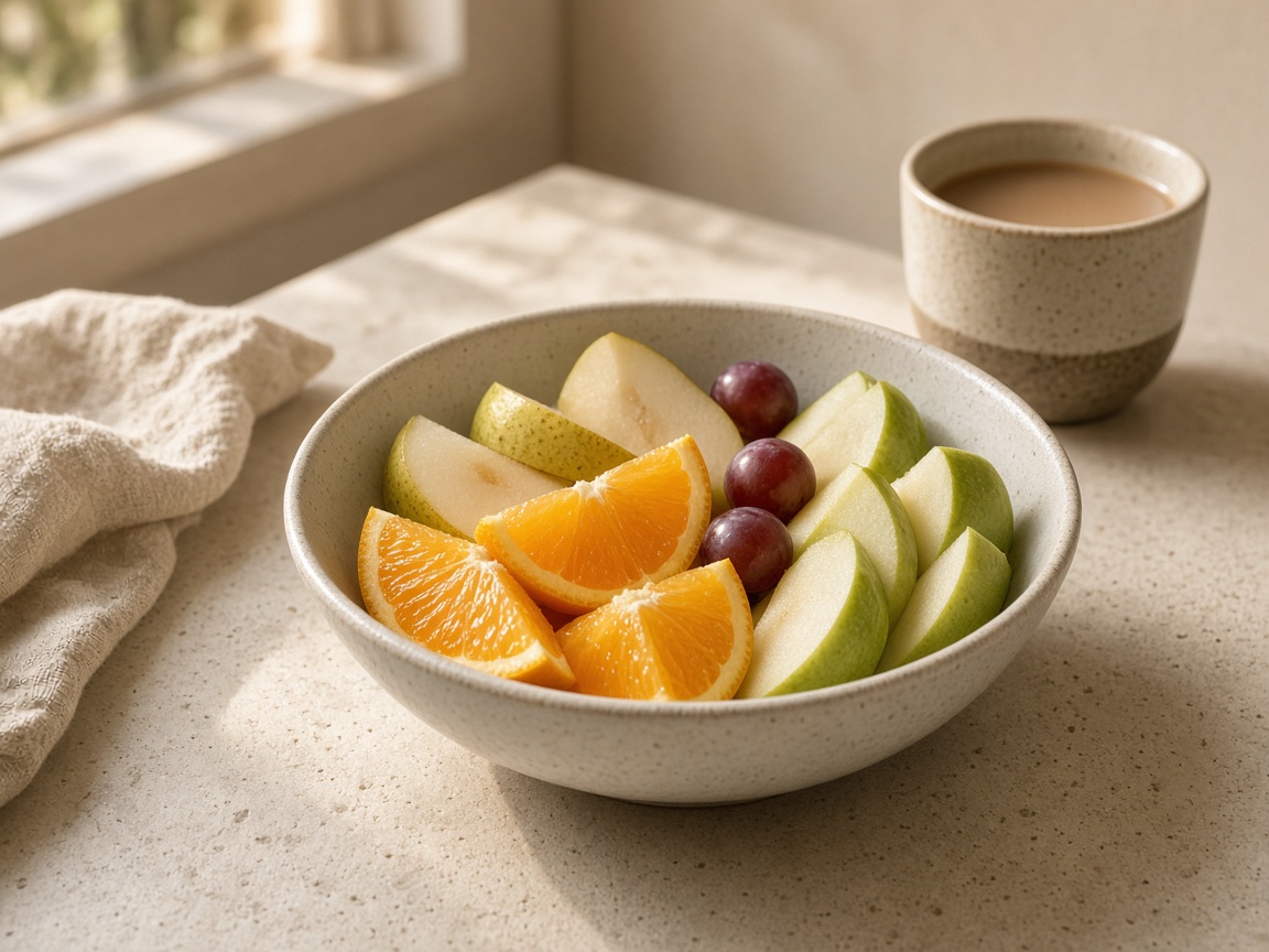 A ceramic bowl of orange segments, pear, green apple and a few grapes on a pale stone counter in morning light, with a cup of milky coffee.