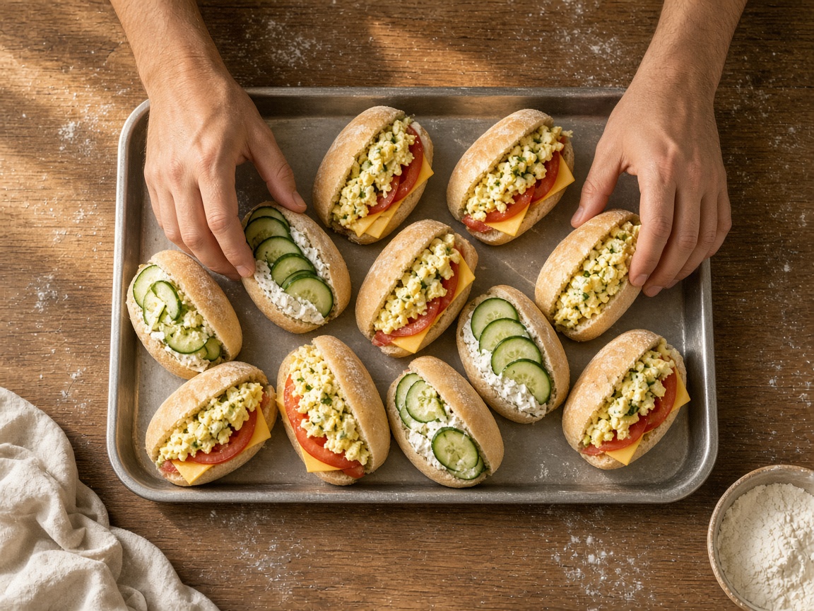 Two hands, seen from above with no faces, arranging egg, cheese, tomato and cucumber sandwiches on a steel tray.