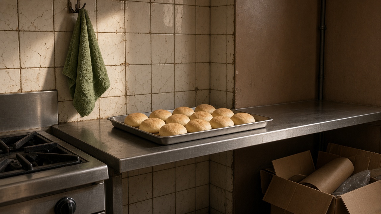 A narrow stainless-steel kitchen pass with a tray of plain buns, a green towel on a hook, tiled walls and the edge of a stove. No people.