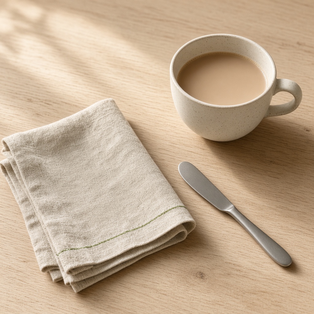 A folded oatmeal linen napkin with a green stitch, a plain ceramic cup of milky coffee, and a butter knife on a pale wood table.