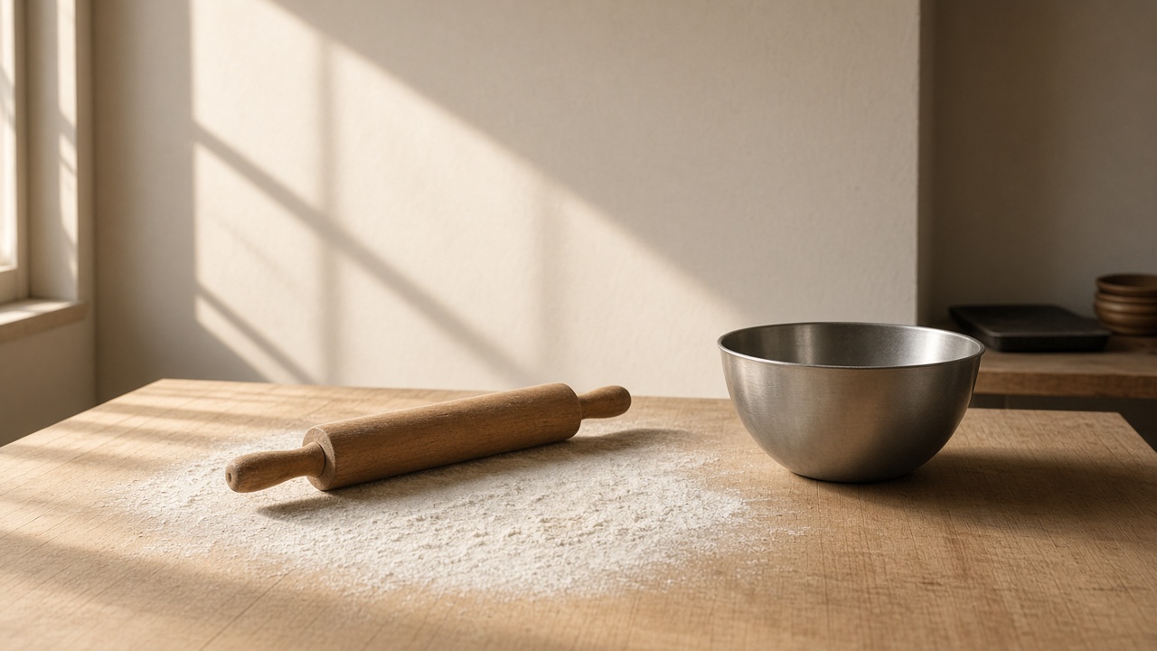 A wooden rolling pin, a dusting of flour and a steel mixing bowl on a counter in early morning light.