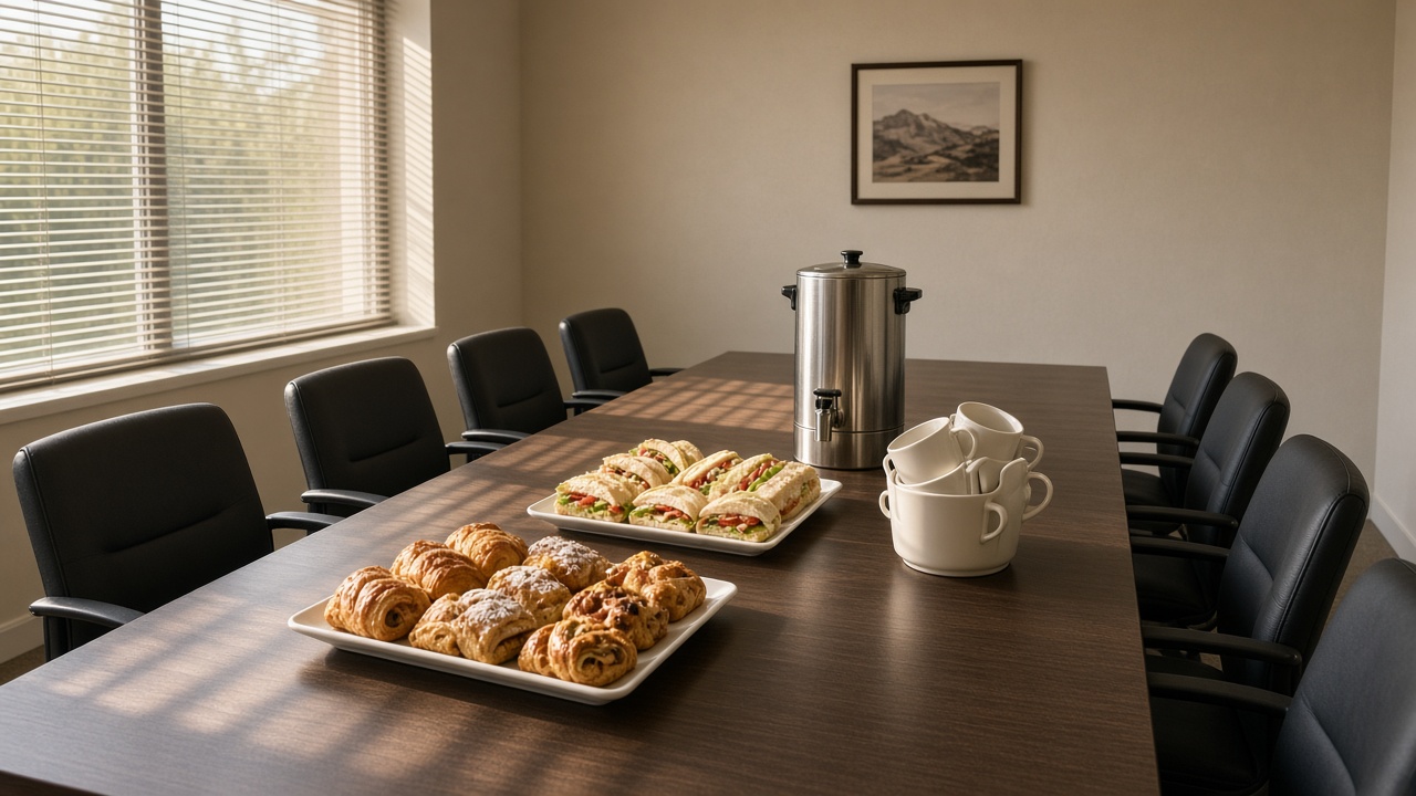 A conference table set for a morning meeting with pastries, sandwiches, a coffee urn and cups, empty chairs, and light through blinds.