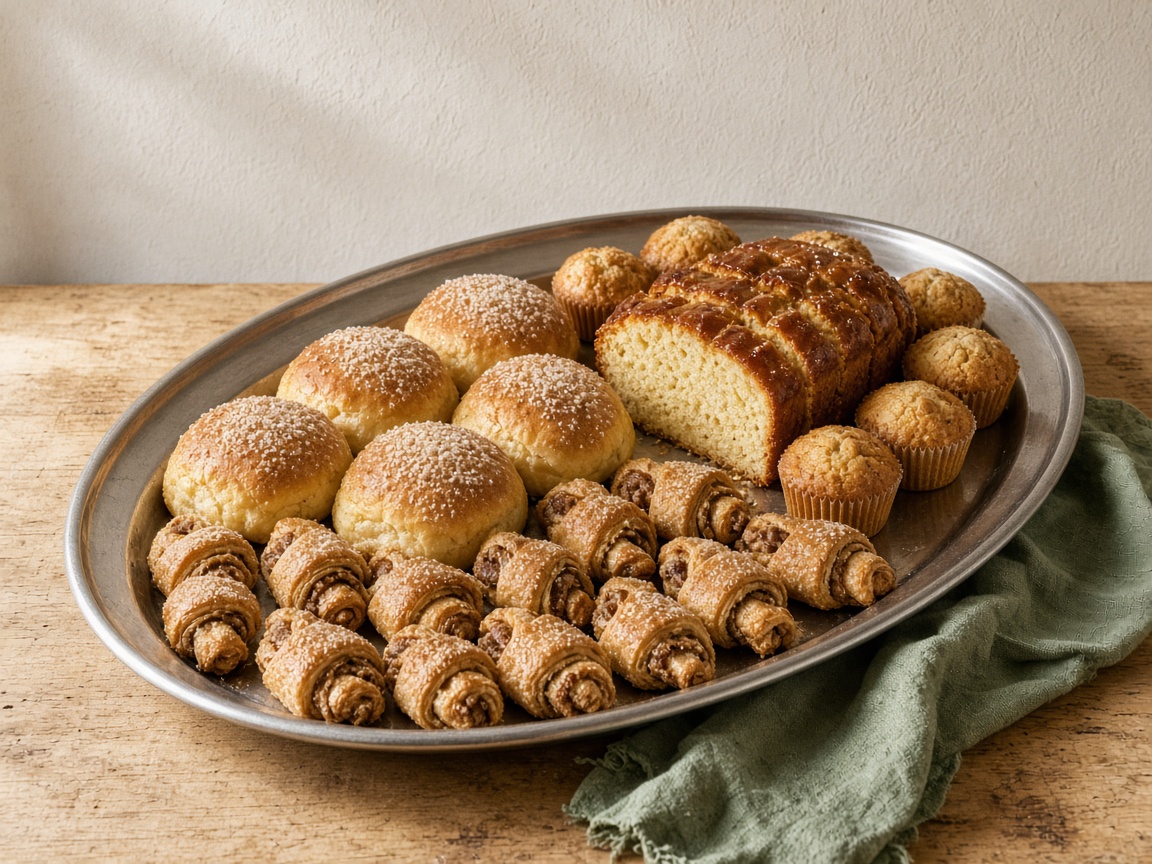 An oval steel tray of sugar-topped buns, walnut rugelach, a sliced glazed loaf and muffins, with a green linen at the edge of a wood counter.