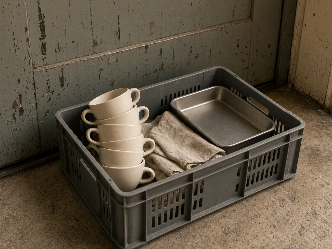 A grey return crate holding stacked plain ceramic cups, a folded linen and an empty steel tray, set by a worn service door.