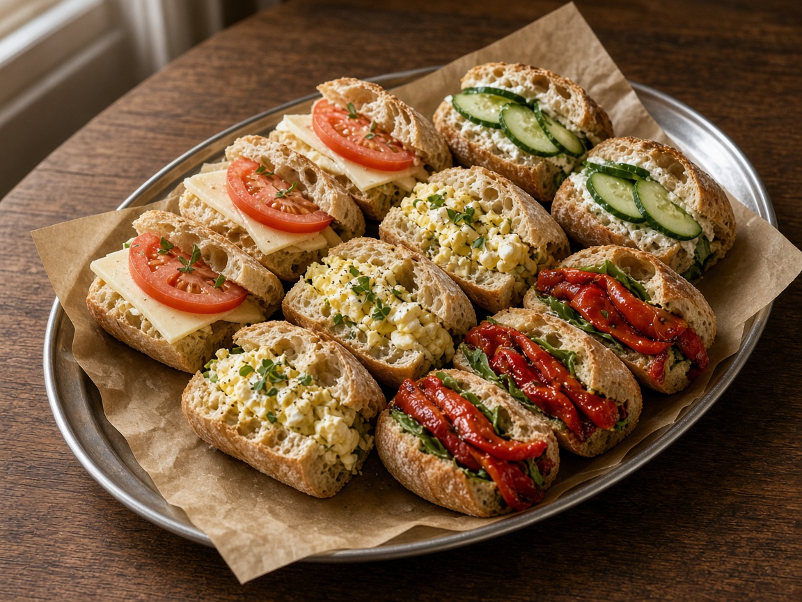 An oval steel tray of open sandwiches with cheese and tomato, egg salad, cucumber and white cheese, and roasted red peppers, lined with brown paper.